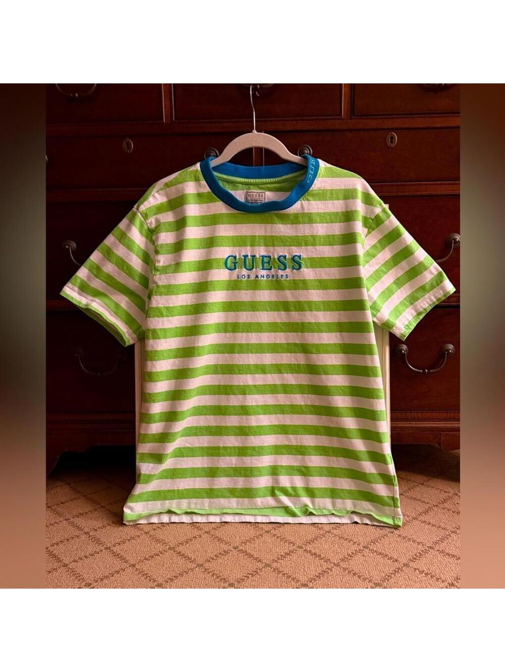 Vintage GUESS Loos Angeles green and blue striped thshirt NWOT M